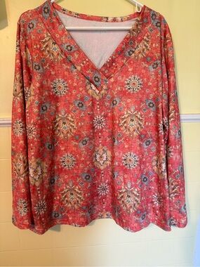 SHEIN Coral Floral V-Neck Long Sleeve Tunic